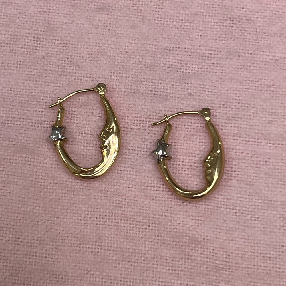 SOLD!! 14K Yellow Gold Moon & Star Hoop Earrings